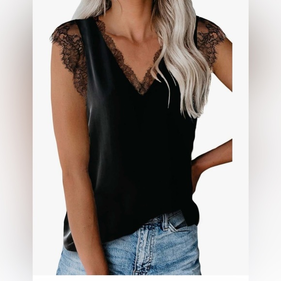 V Neck Eyelash Lace Sleeveless Tank Top Camisole - Picture 4 of 5